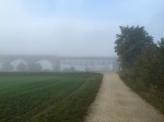 Bridges loom in the early morning fog